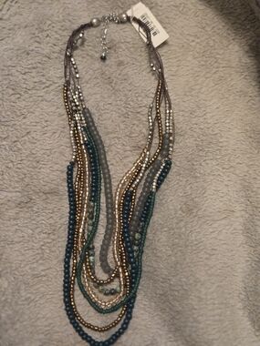 J. Jill Teal, Gold and Gray Multi-Strand Beaded Necklace with Blue-Green Accents
